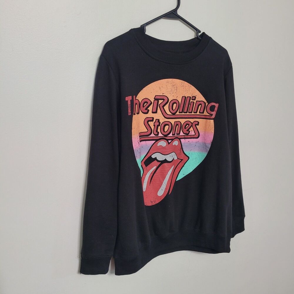The Rolling Stones Sweatshirt Large Black Crewneck Graphic Band Logo EUC